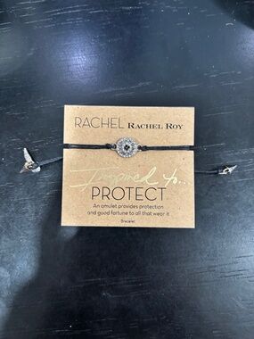 Rachel Roy Evil Eye Bracelet Black Cord Gold Crystal Charm Adjustable